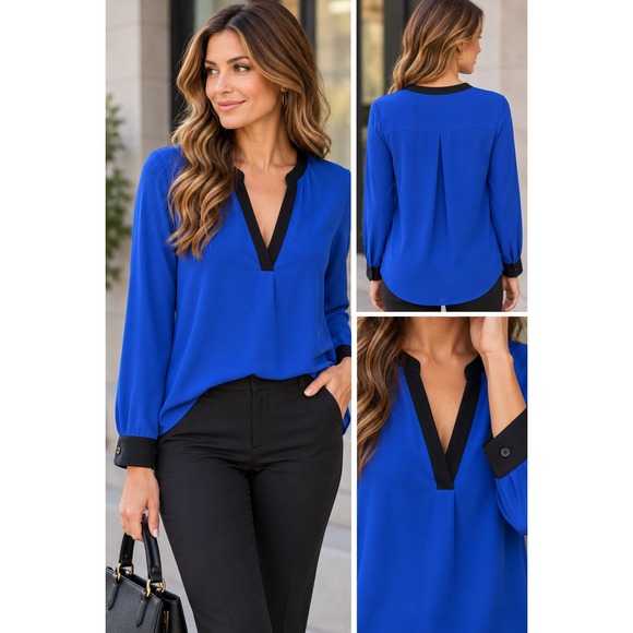 Karen Kane Tops - Karen Kane Blouse S Cobalt Blue Black Trim V Neck Long Sleeve Made USA Workwear